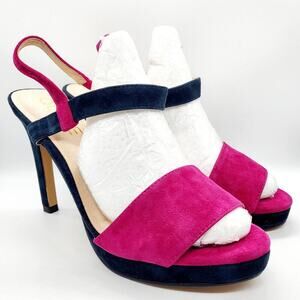 NWOT QLOXE Fuchsia & Navy Blue Ankle Strap Heeled Sandals Women's Size 8.5